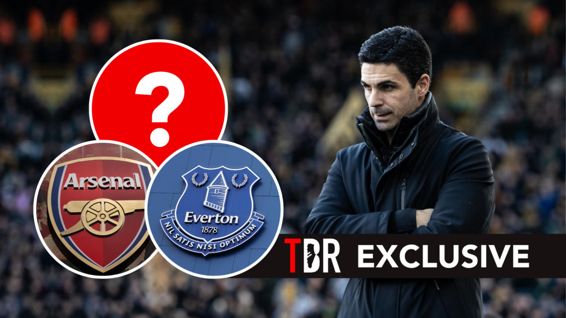 TBR exclusive of Mikel Arteta looking pensive alongside three insets. One of a question mark, an Arsenal badge and an Everton badge