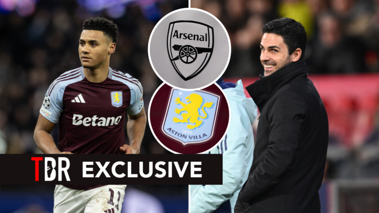 TBR exclusive split image of Ollie Watkins looking serious and Mikel Arteta smiling with insets of Aston Villa and Arsenal badges