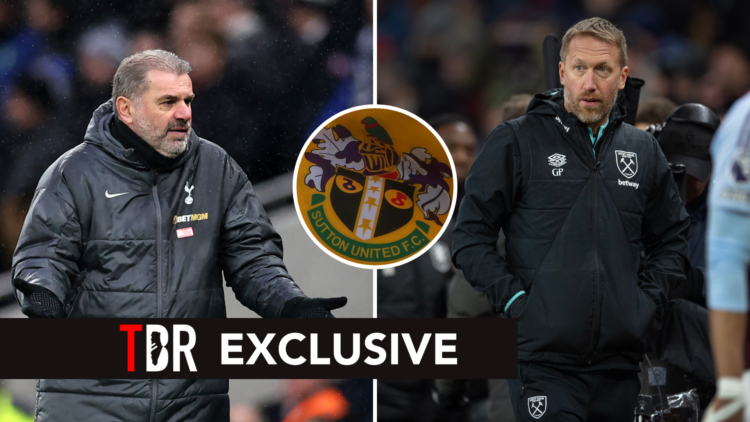 TBR exclusive split of Ange Postecoglou (left) and Graham Potter (right) with an inset of Sutton United's badge