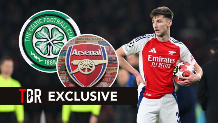 Kieran Tierney. Inset, Arsenal and Celtic badges.