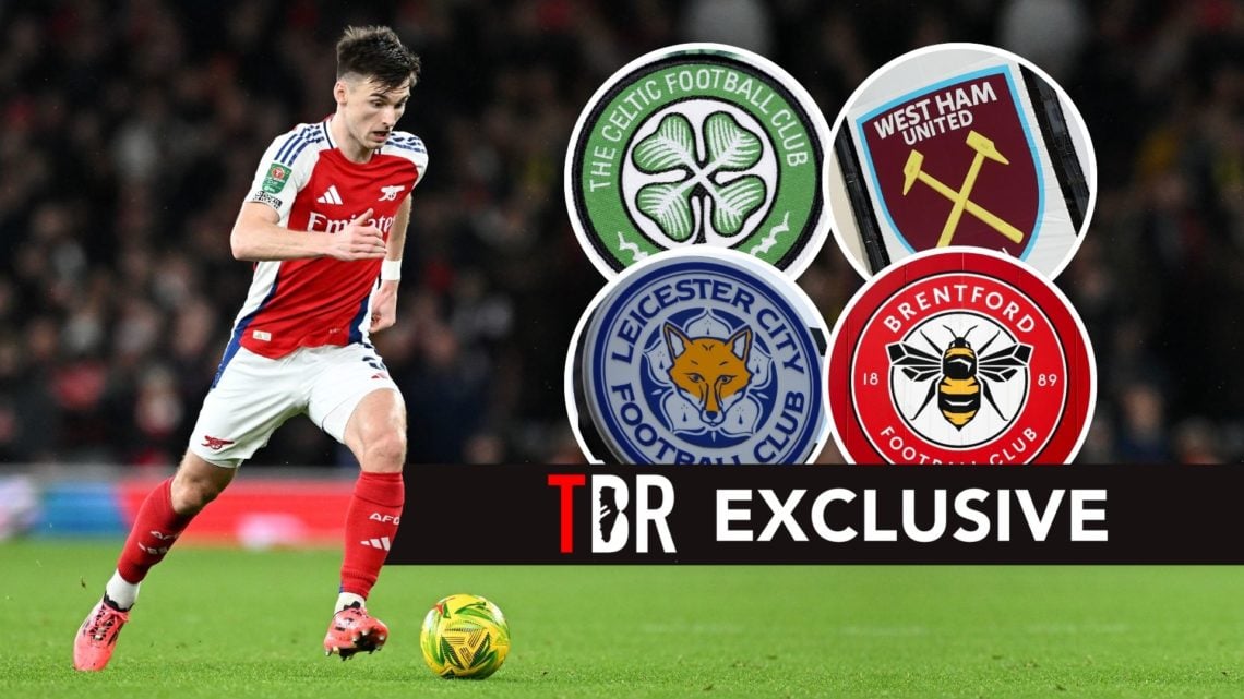 Kieran Tierney. Inset, Celtic FC, Brentford, West Ham, and Leicester City badges.