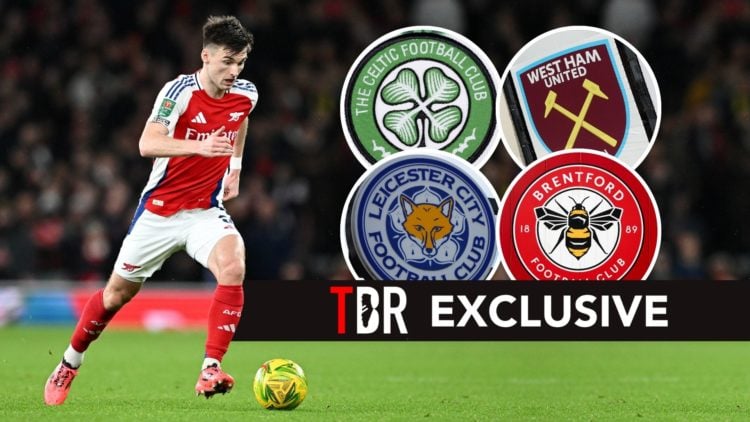 Kieran Tierney. Inset, Celtic FC, Brentford, West Ham, and Leicester City badges.