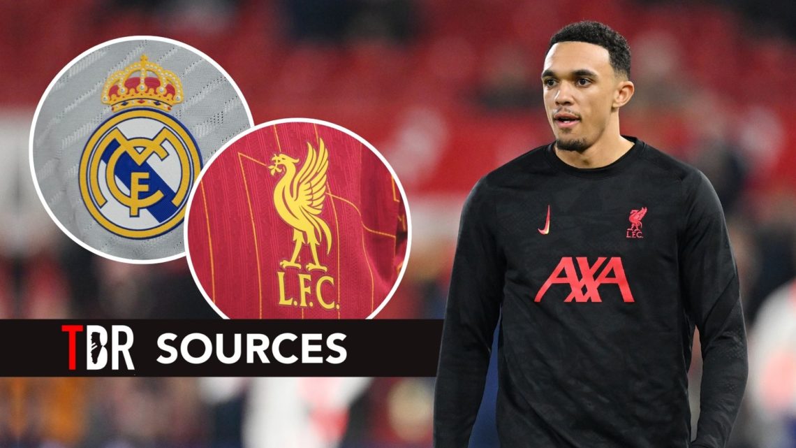Trent Alexander-Arnold. Inset, Liverpool and Real Madrid.