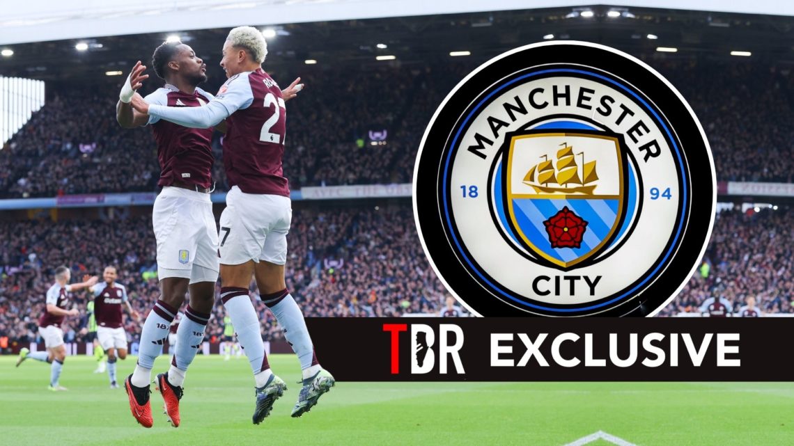 Aston Villa players celebrating and the Man City badge in a circle