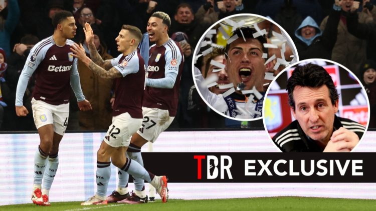 Aston Villa players celebrating in home kit, with Emery and Ronaldo in circles