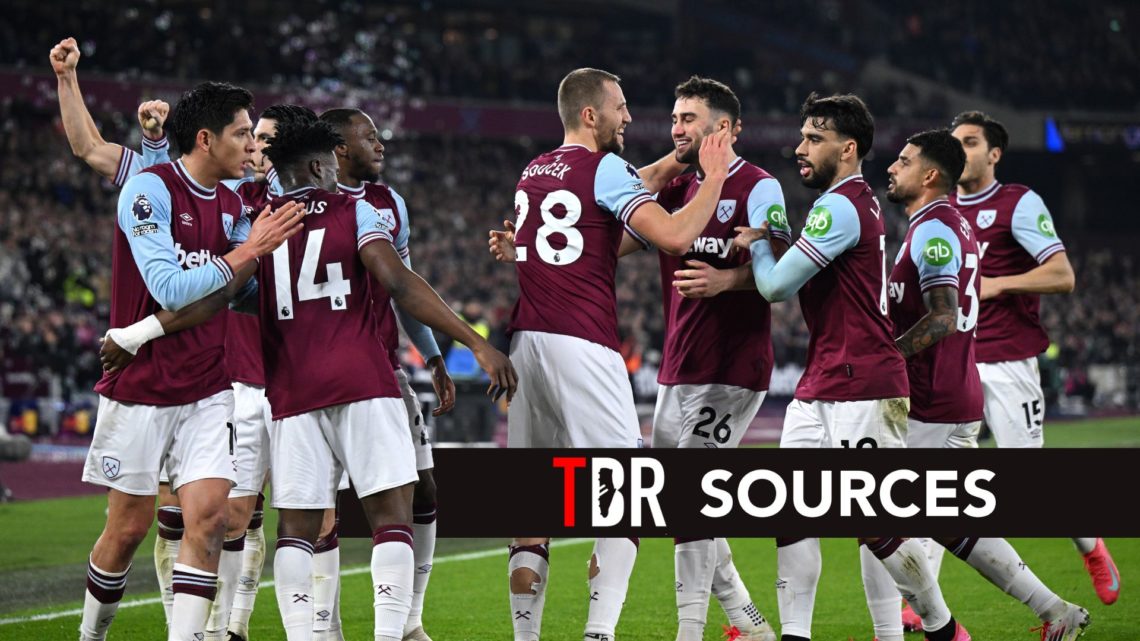 Tomas Soucek of West Ham United celebrates scoring his team's second goal with team mates during the Premier League match between West Ham United F...