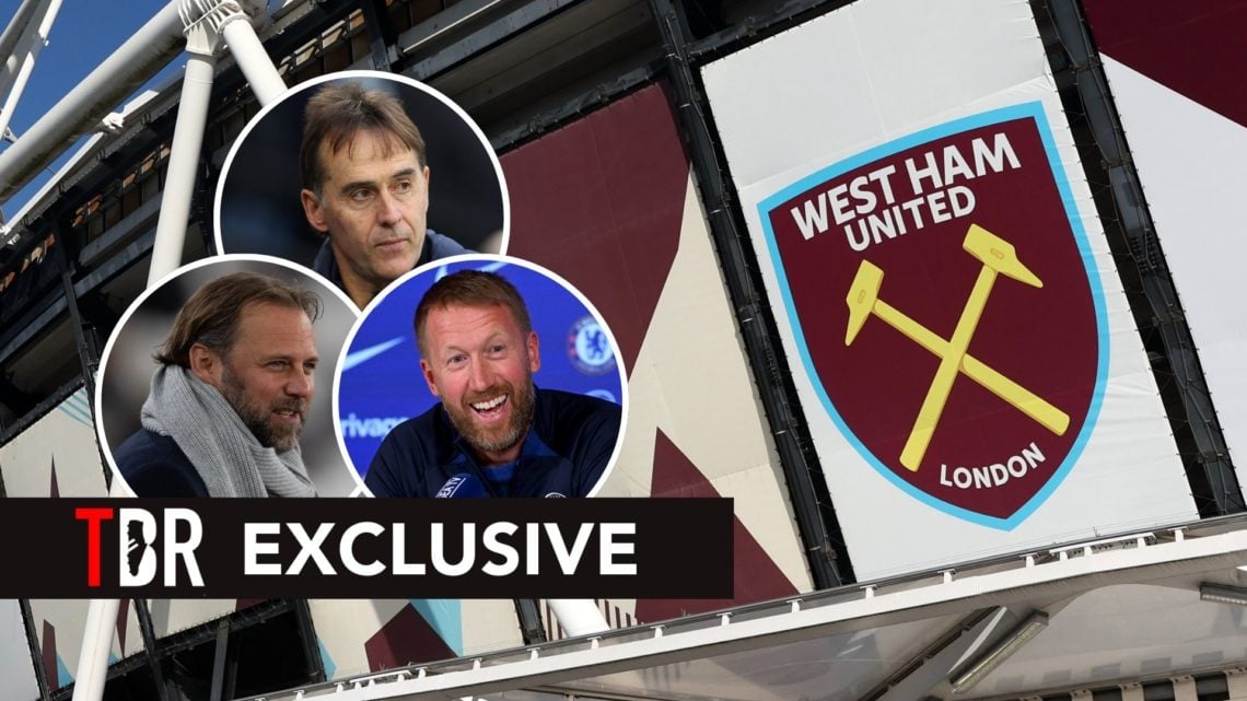 West Ham badge on the side of London Stadium. Inset, Tim Steidten, Julen Lopetegui, and Graham Potter.