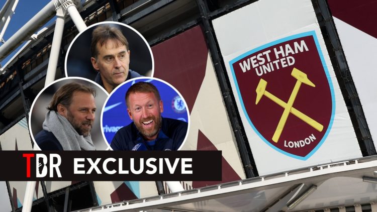 West Ham badge on the side of London Stadium. Inset, Tim Steidten, Julen Lopetegui, and Graham Potter.