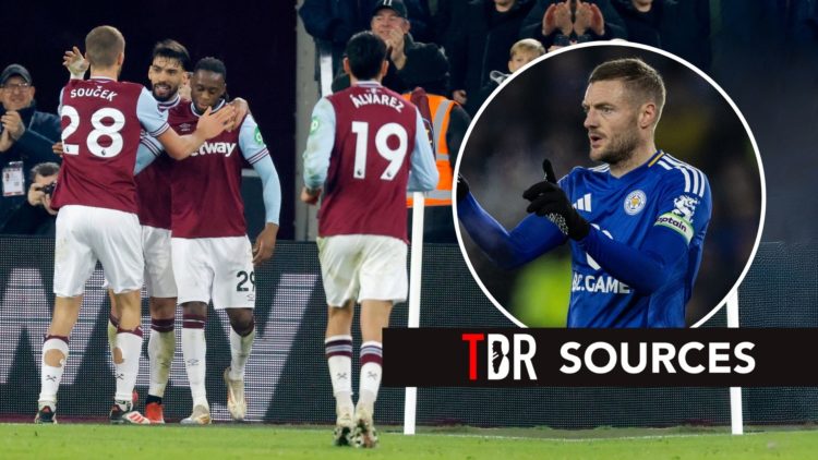 West Ham players. Inset, Jamie Vardy.