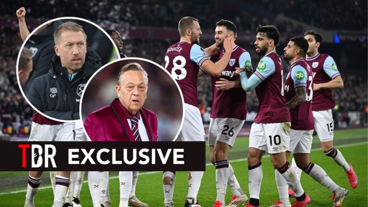 West Ham players. Inset, Graham Potter and David Sullivan.
