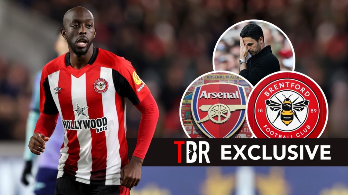 Yoane Wissa, with Brentford badge, Arsenal badge, and Mikel Arteta looking upset inset