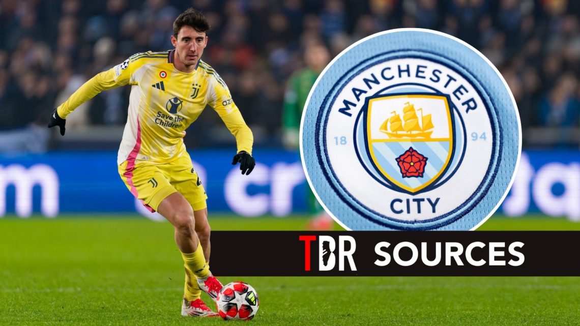 Andrea Cambiaso with Manchester City badge.