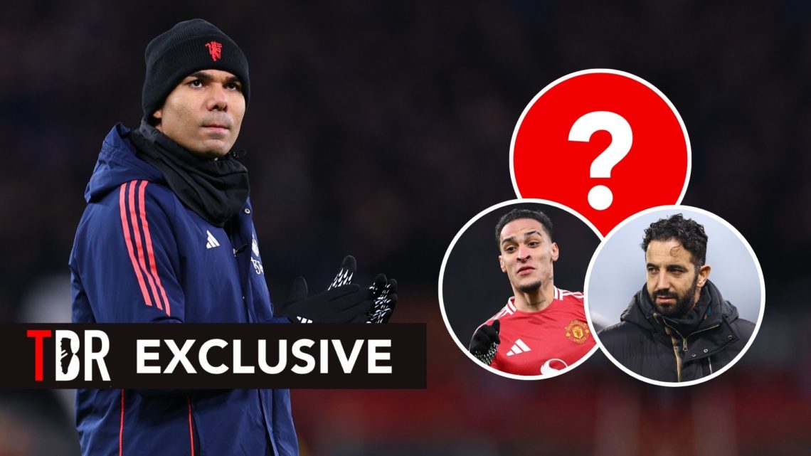 Casemiro of Manchester United during the UEFA Europa League. Inset, Ruben Amorim, Antony, and a question mark.
