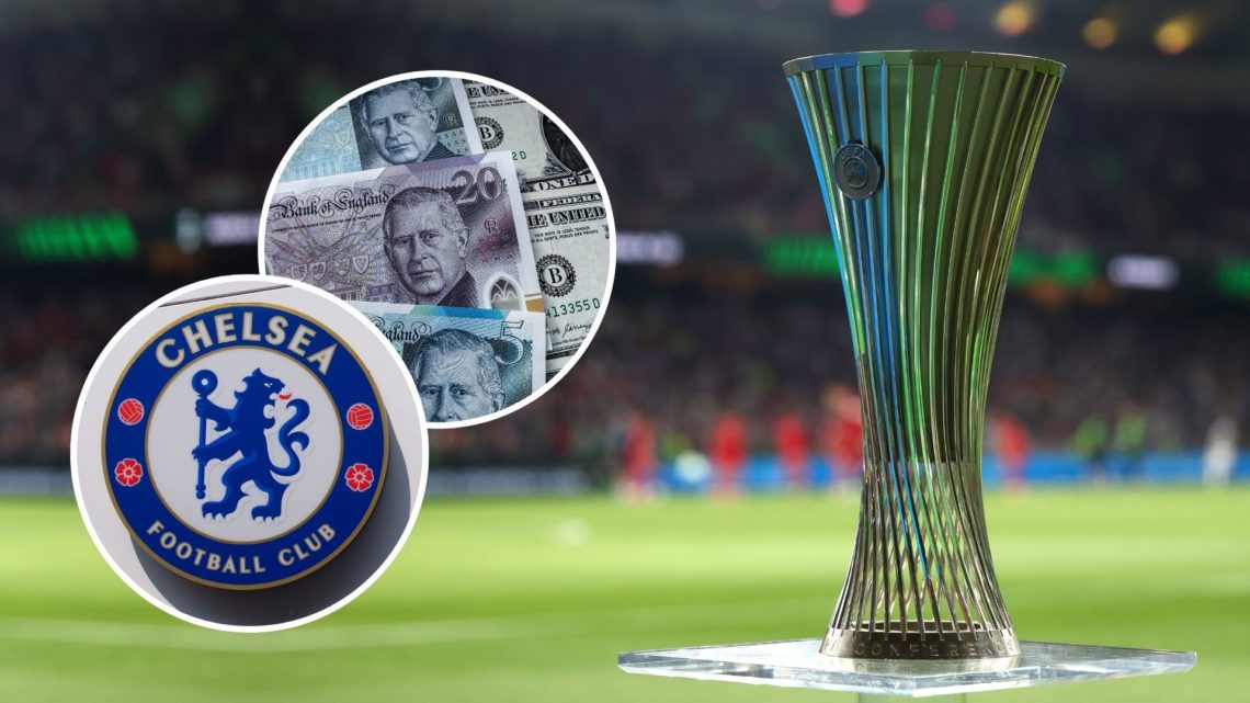 UEFA Conference League trophy. Inset, money and the Chelsea badge.