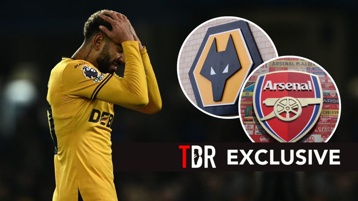 Matheus Cunha. Inset, Arsenal and Wolverhampton badges.