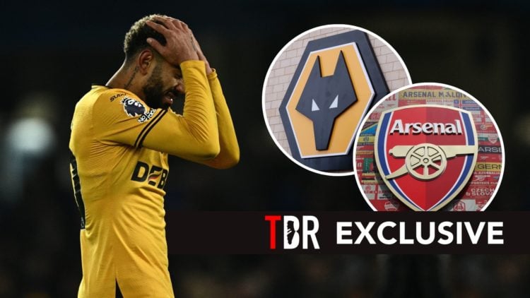 Matheus Cunha. Inset, Arsenal and Wolverhampton badges.