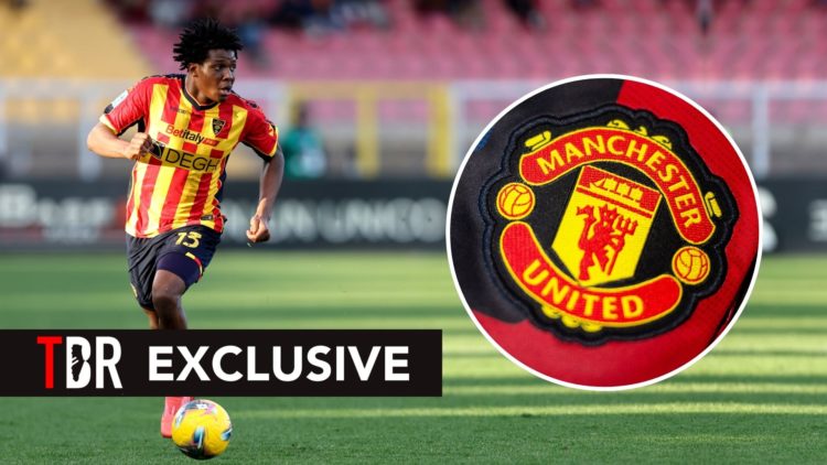 Patrick Dorgu. Inset, Manchester Untied badge.