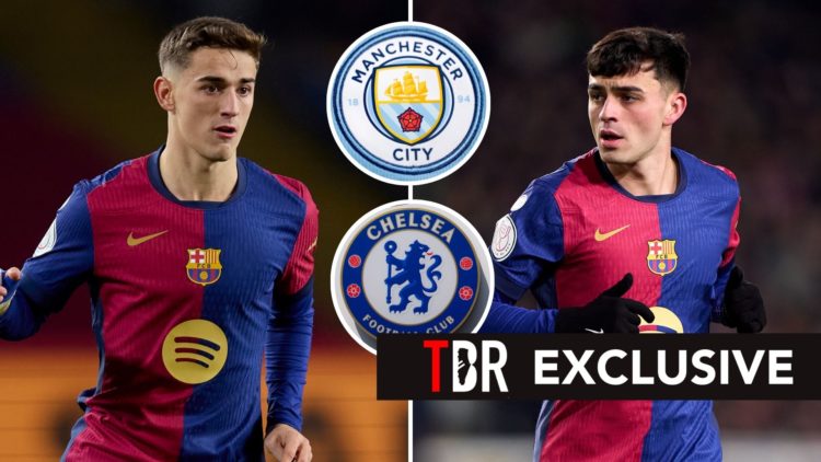 Pedri and Gavi of Barcelona. Inset, Manchester City and Chelsea badges.