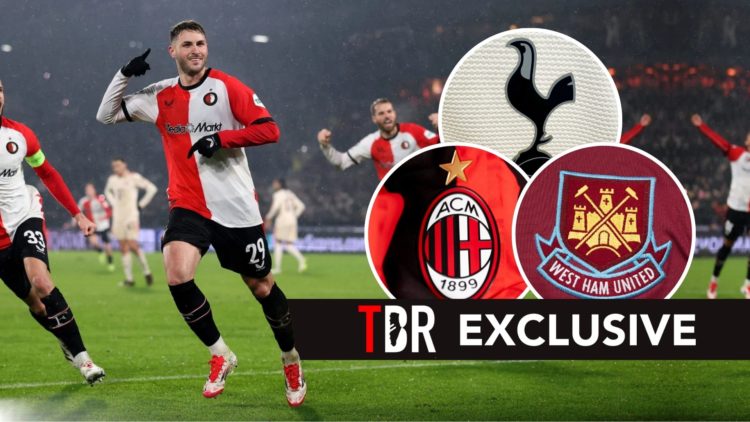 Santiago Gimenez. Inset, Tottenham, West Ham, and AC Milan badges.