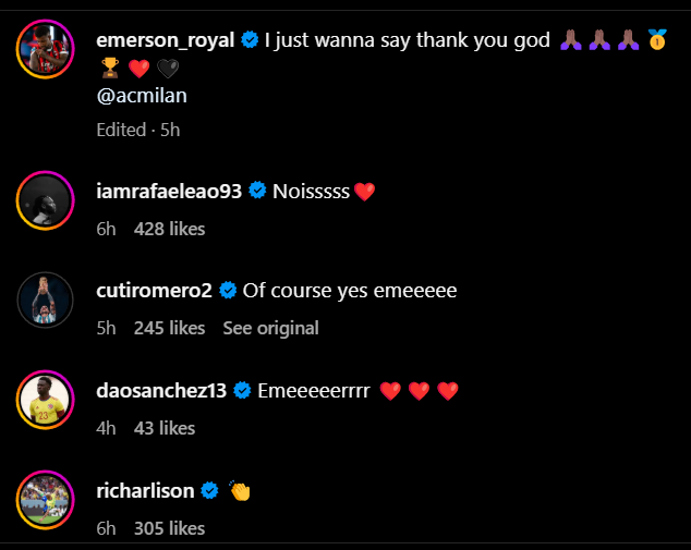 Screengrab of Cristian Romero and others' replies under Emerson Royal's Instagram post