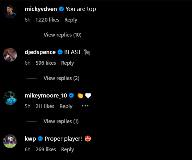 Screengrab of replies under Dominic Solanke's Instagram post