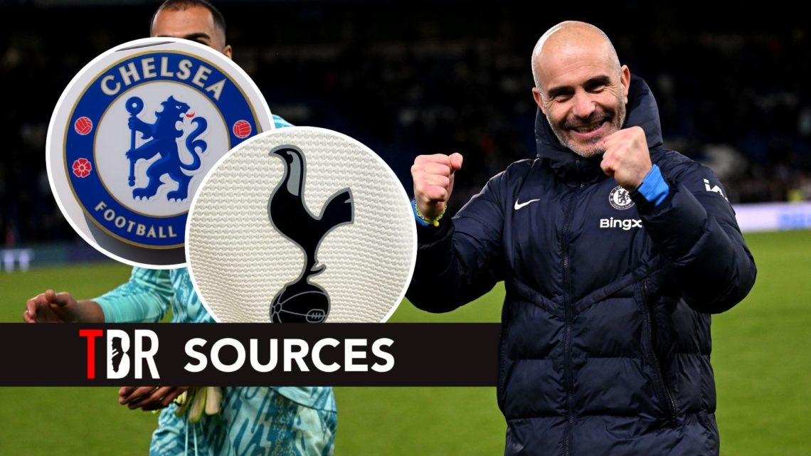 Enzo Maresca. Inset, Tottenham and Chelsea badges.