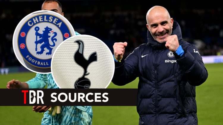 Enzo Maresca. Inset, Tottenham and Chelsea badges.