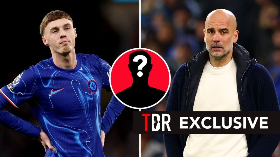 Split image of Cole Palmer and Pep Guardiola. Inset, mystery player.