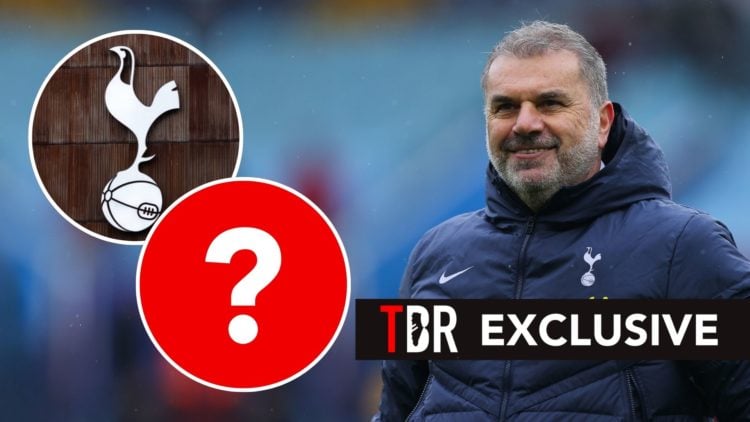 Ange Postecoglou. Inset, Tottenham badge and a question mark.