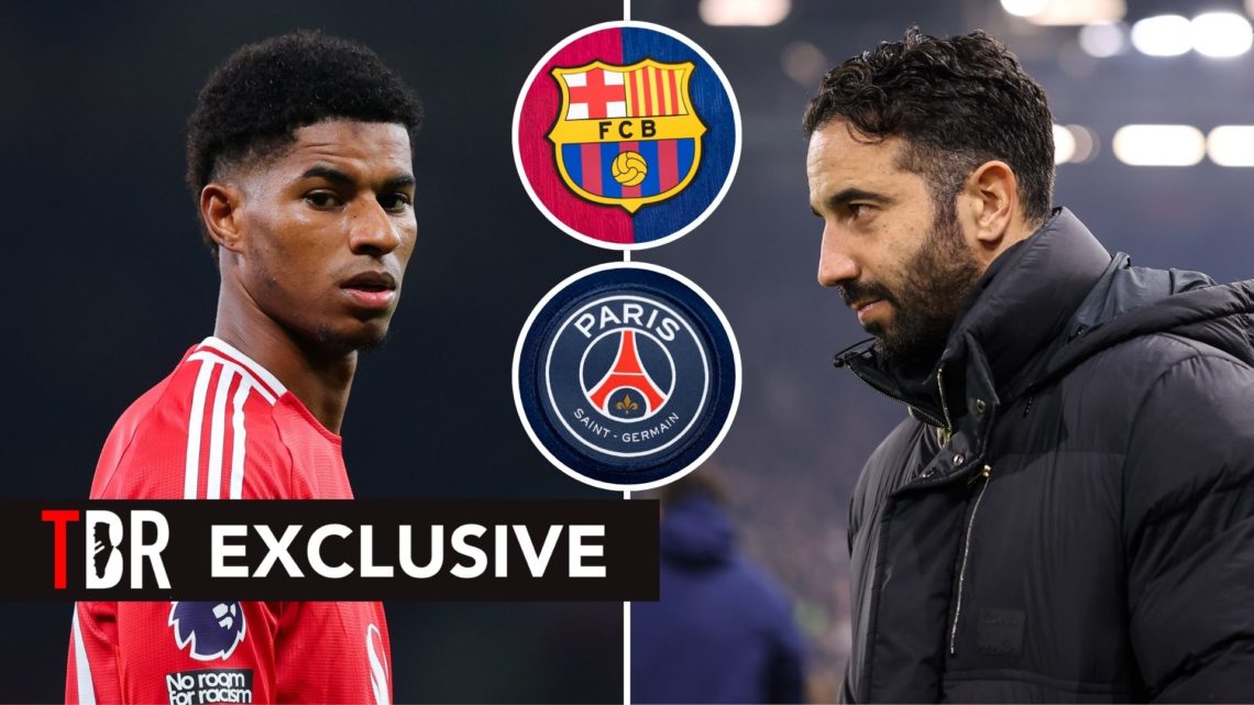 Split image of Marcus Rashford and Ruben Amorim. Inset, the Barcelona FC and Paris Saint-Germain badges.