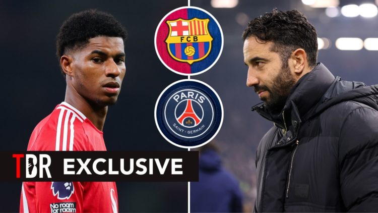 Split image of Marcus Rashford and Ruben Amorim. Inset, the Barcelona FC and Paris Saint-Germain badges.