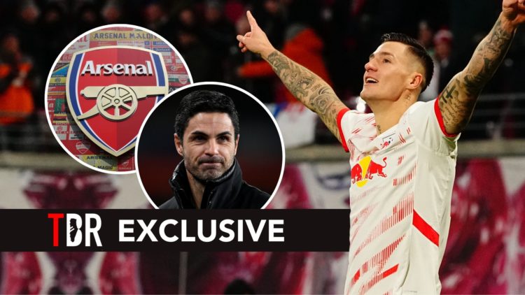 Benjamin Sesko celebrating. Inset, Mikel Arteta and the Arsenal badge.
