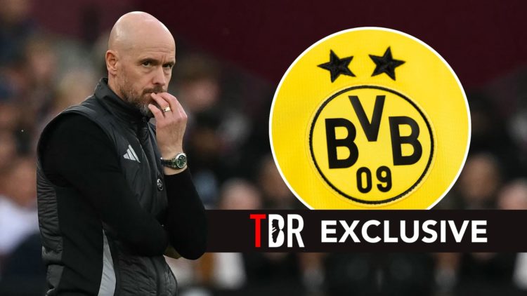 Erik ten hag. Inset, Borussia Dortmund badge.
