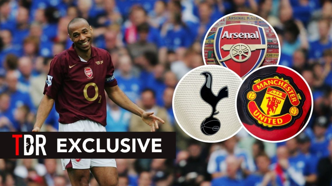 Thierry Henry. Inset, Arsenal, Tottenham, and Man United badges.