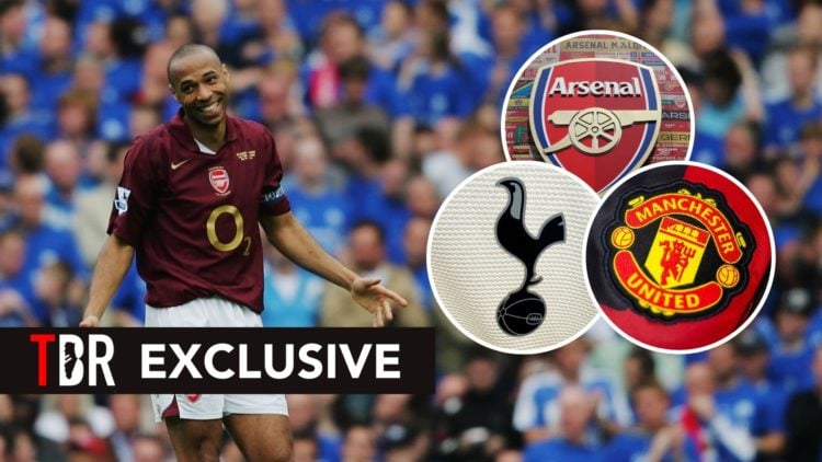Thierry Henry. Inset, Arsenal, Tottenham, and Man United badges.