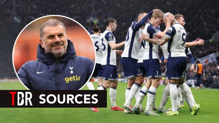 Tottenham players celebrate. Inset, Ange Postecoglou.