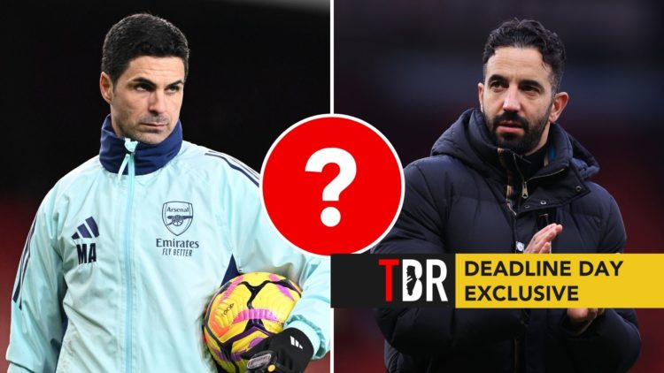 Split image of Mikel Arteta and Ruben Amorim. Inset, a question mark. Overlaid, an exclusive banner.