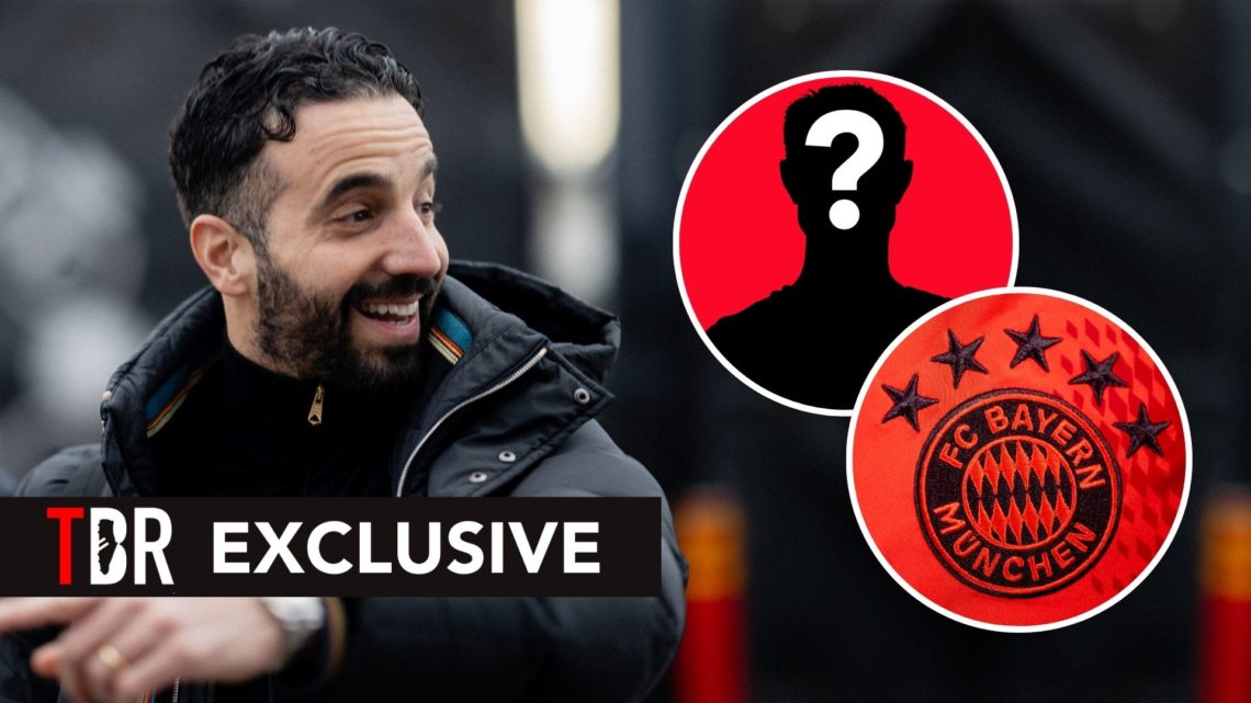 Ruben Amorim. Inset, Bayern Munich badge and a mystery player.