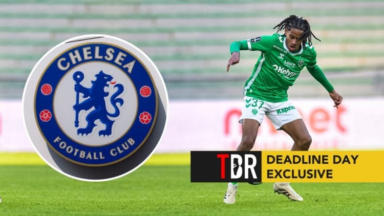 Mathis Amougou of Saint-Etienne controls the ball during the France Ligue 1 match. Inset, Chelsea badge.