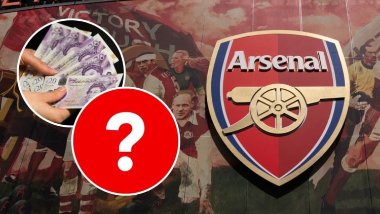 The Arsenal badge on Emirates Stadium. Inset, a woman's hands holding English bank notes, and a question mark.