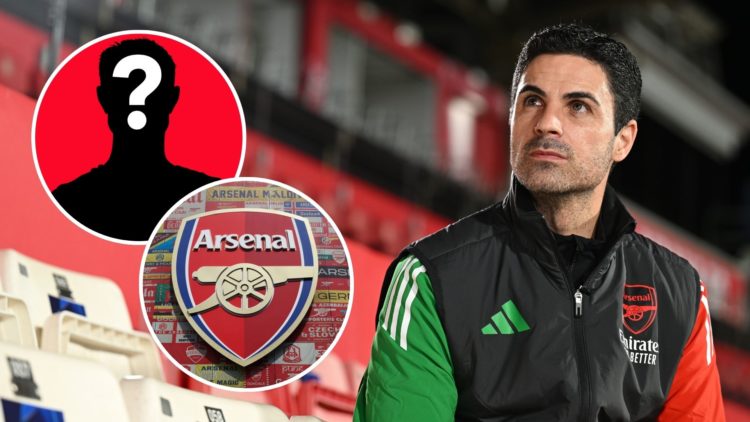 Mikel Arteta speaks during the UEFA Champions League press conference. Inset, Arsenal badge and mystery player.