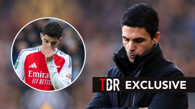 Mikel Arteta looking downcast. Inset, Kai Havertz looking dejected.