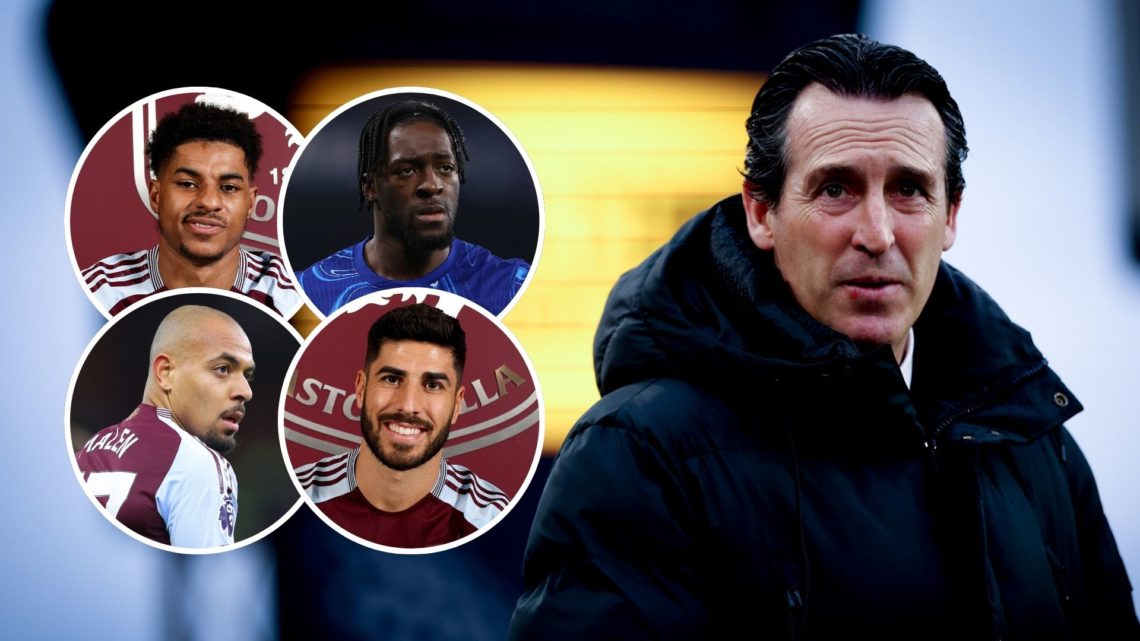 Unai Emery. Inset, Marcus Rashford, Marco Asensio, Donyell Malen and Axel Disasi