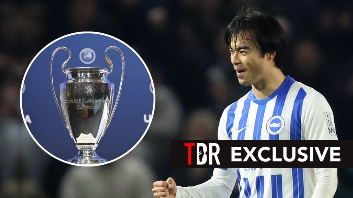 Kaoru Mitoma. Inset, Champions League trophy.