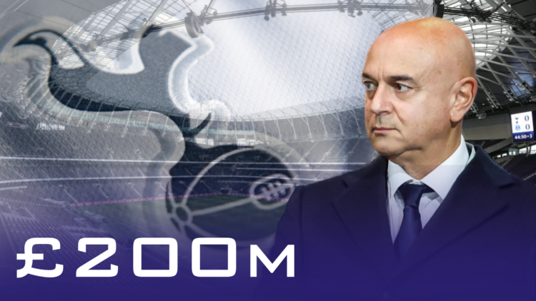 Spurs chairman Daniel Levy against the backdrop of the Tottenham Hotspur Stadium and the club badge