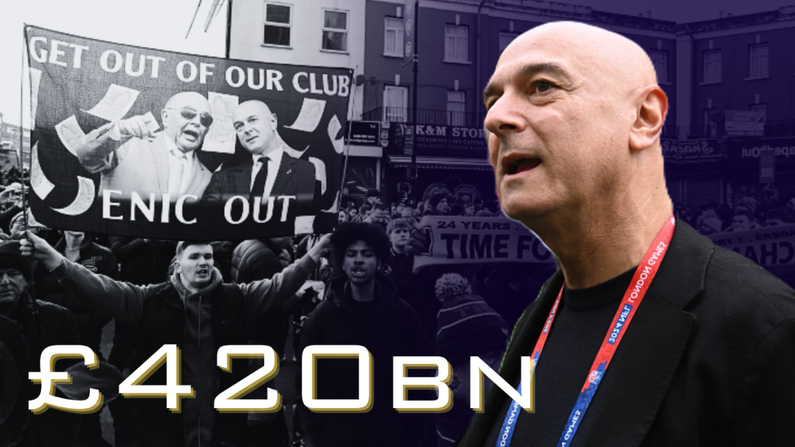 Tottenham chairman Daniel Levy superimposed over an image of protests against ENIC