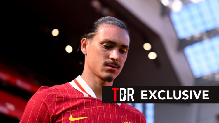 Darwin Nunez of Liverpool looking pensive. Overlaid, an exclusive banner