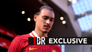 Darwin Nunez of Liverpool looking pensive. Overlaid, an exclusive banner