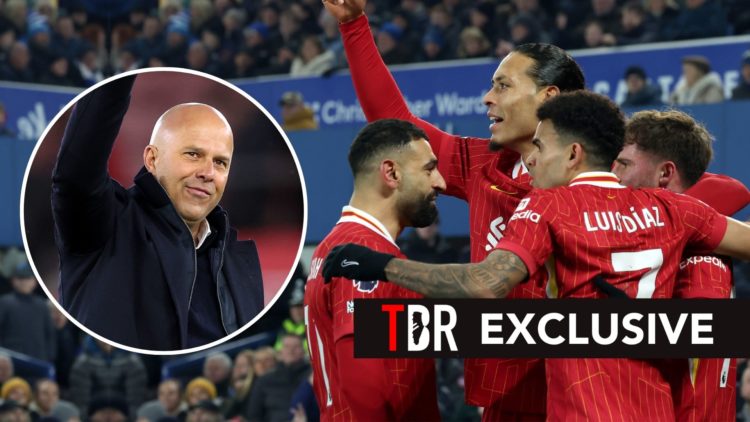 Virgil Van Dijk, Mo Salah, and Luis Diaz celebrate. Inset, Arne Slot celebrating.