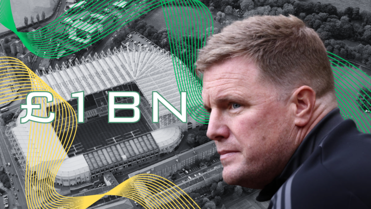 Eddie Howe over an aerial image of Newcastle United home ground St James' Park